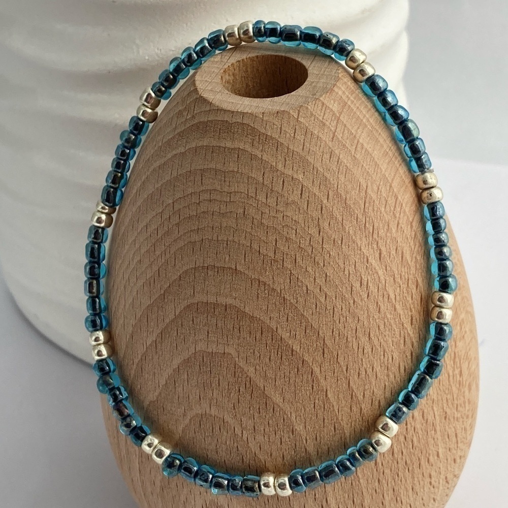 Stretch Beaded Anklet Denim blue & Silver